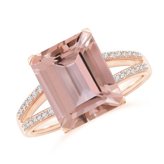 11x9mm AAAA Emerald-Cut Morganite Split Shank Cocktail Ring with Diamonds in Rose Gold