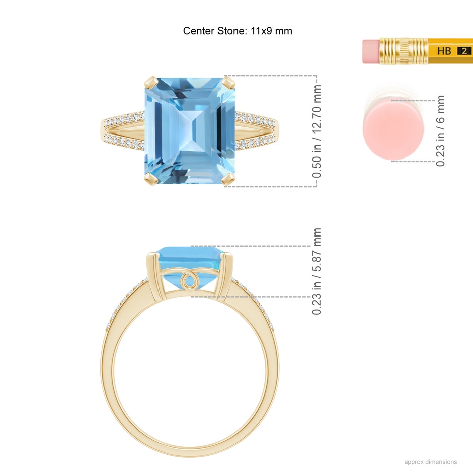 11x9mm A Emerald-Cut Swiss Blue Topaz Split Shank Cocktail Ring in Yellow Gold ruler
