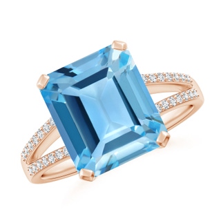 11x9mm AA Emerald-Cut Swiss Blue Topaz Split Shank Cocktail Ring in 9K Rose Gold