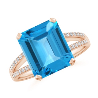 11x9mm AAA Emerald-Cut Swiss Blue Topaz Split Shank Cocktail Ring in 9K Rose Gold