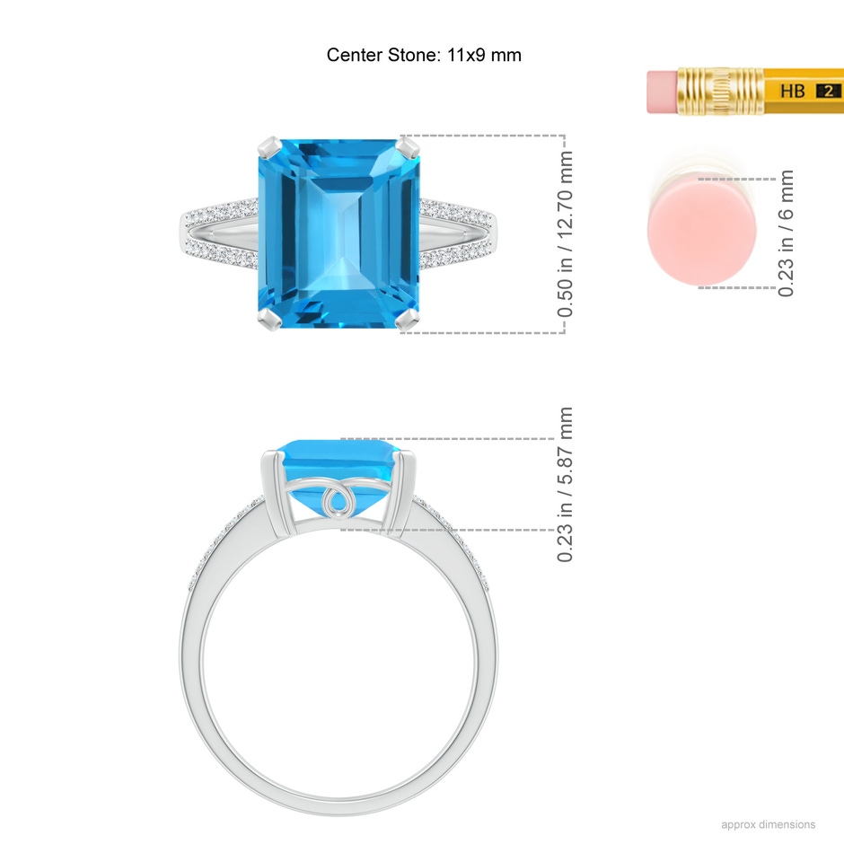 11x9mm AAA Emerald-Cut Swiss Blue Topaz Split Shank Cocktail Ring in White Gold ruler