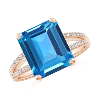 11x9mm AAAA Emerald-Cut Swiss Blue Topaz Split Shank Cocktail Ring in 9K Rose Gold