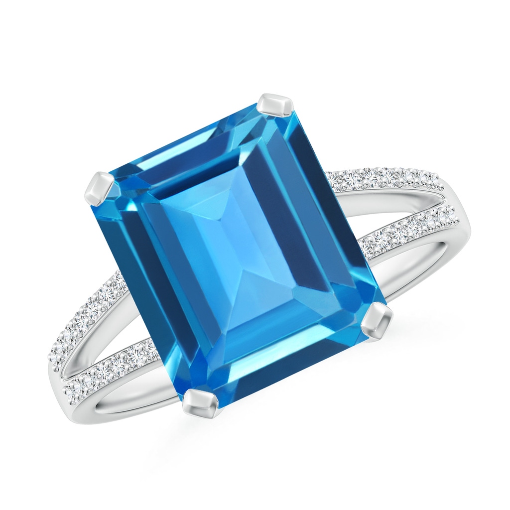 11x9mm AAAA Emerald-Cut Swiss Blue Topaz Split Shank Cocktail Ring in White Gold