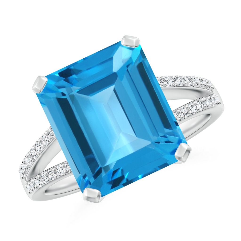 12x10mm AAA Emerald-Cut Swiss Blue Topaz Split Shank Cocktail Ring in 10K White Gold