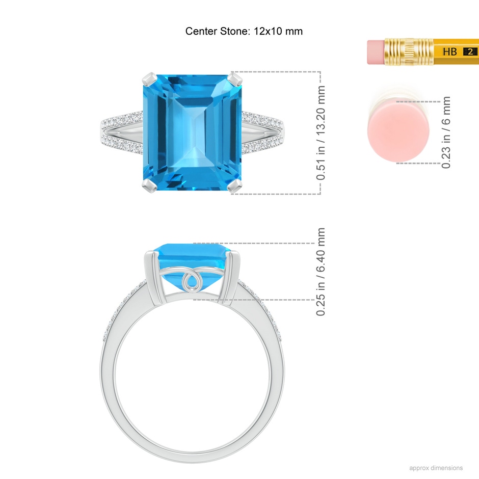 12x10mm AAA Emerald-Cut Swiss Blue Topaz Split Shank Cocktail Ring in White Gold ruler