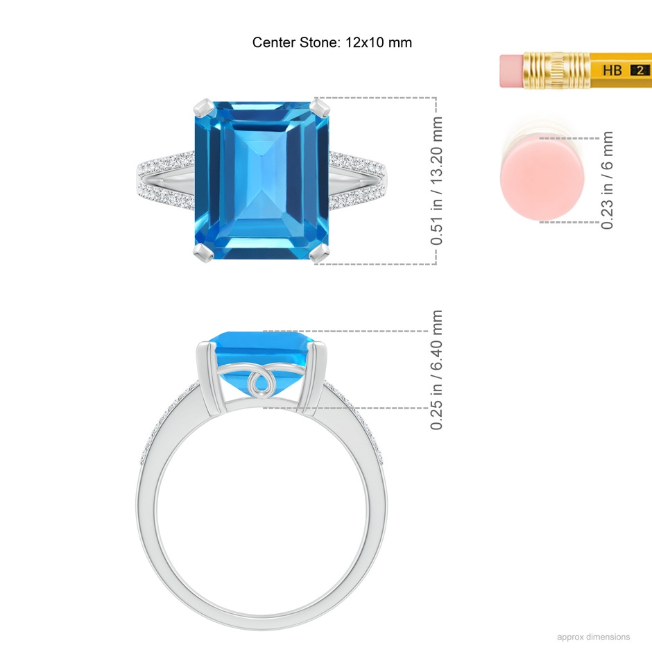 12x10mm AAAA Emerald-Cut Swiss Blue Topaz Split Shank Cocktail Ring in White Gold ruler