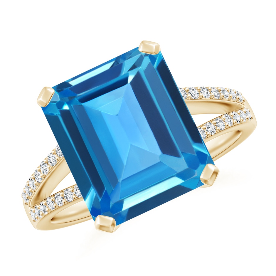 12x10mm AAAA Emerald-Cut Swiss Blue Topaz Split Shank Cocktail Ring in Yellow Gold 