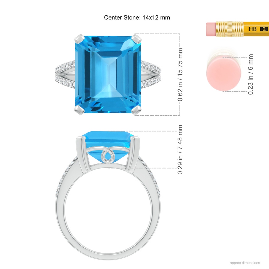 14x12mm AAA Emerald-Cut Swiss Blue Topaz Split Shank Cocktail Ring in White Gold ruler