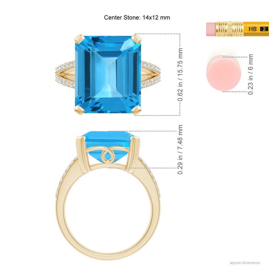 14x12mm AAA Emerald-Cut Swiss Blue Topaz Split Shank Cocktail Ring in Yellow Gold ruler