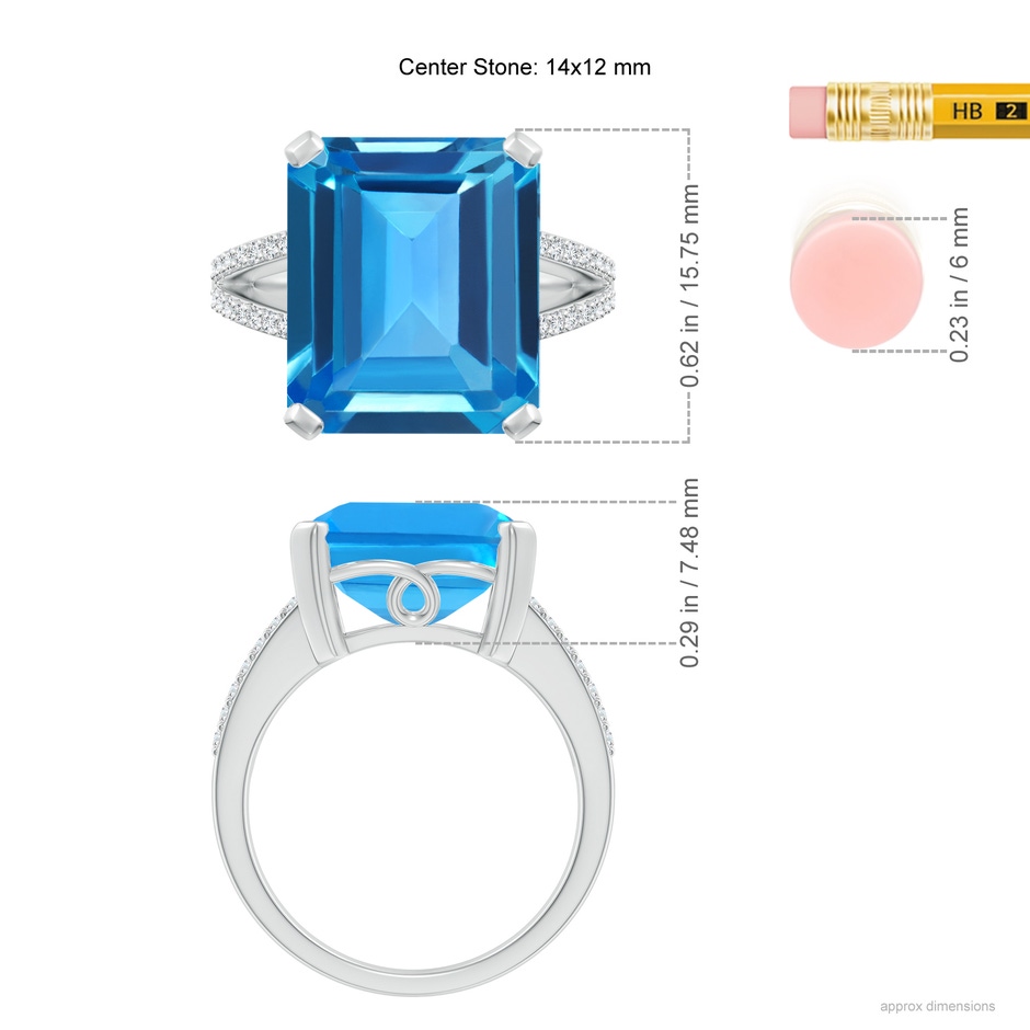 14x12mm AAAA Emerald-Cut Swiss Blue Topaz Split Shank Cocktail Ring in White Gold ruler