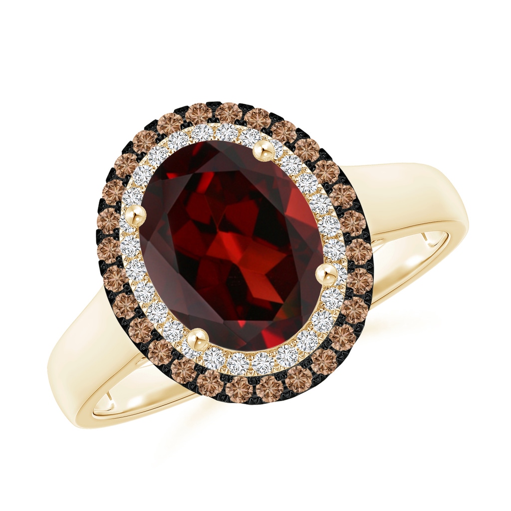 9x7mm AAA Vintage Style Double Halo Oval Garnet Ring in Yellow Gold