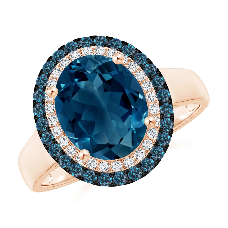 10x8mm AAAA Vintage Style Double Halo Oval London Blue Topaz Ring in Rose Gold 