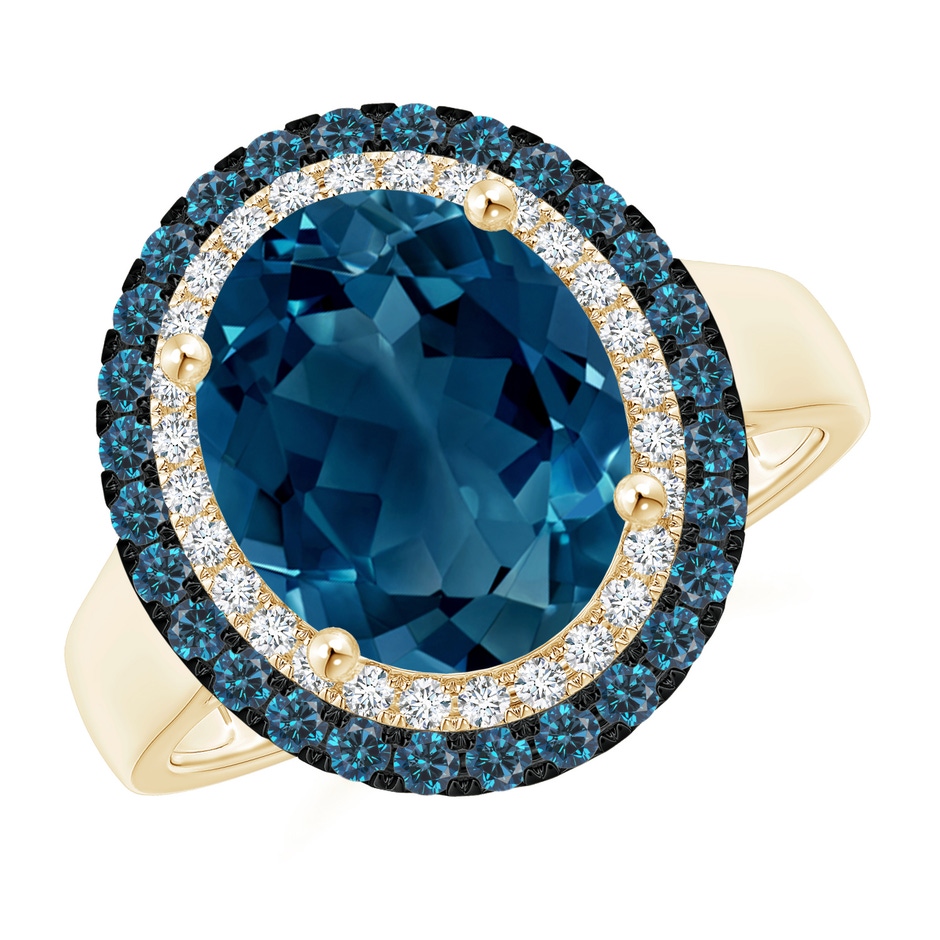 11x9mm AAAA Vintage Style Double Halo Oval London Blue Topaz Ring in Yellow Gold 