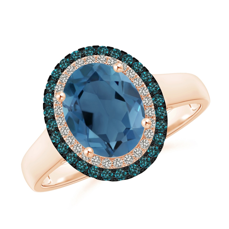 9x7mm A Vintage Style Double Halo Oval London Blue Topaz Ring in 9K Rose Gold 