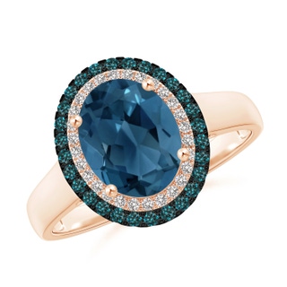 9x7mm AA Vintage Style Double Halo Oval London Blue Topaz Ring in 10K Rose Gold