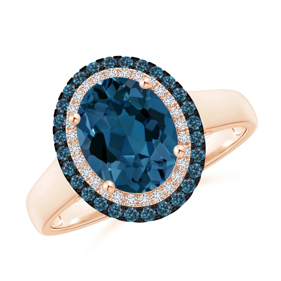 9x7mm AAA Vintage Style Double Halo Oval London Blue Topaz Ring in 9K Rose Gold 