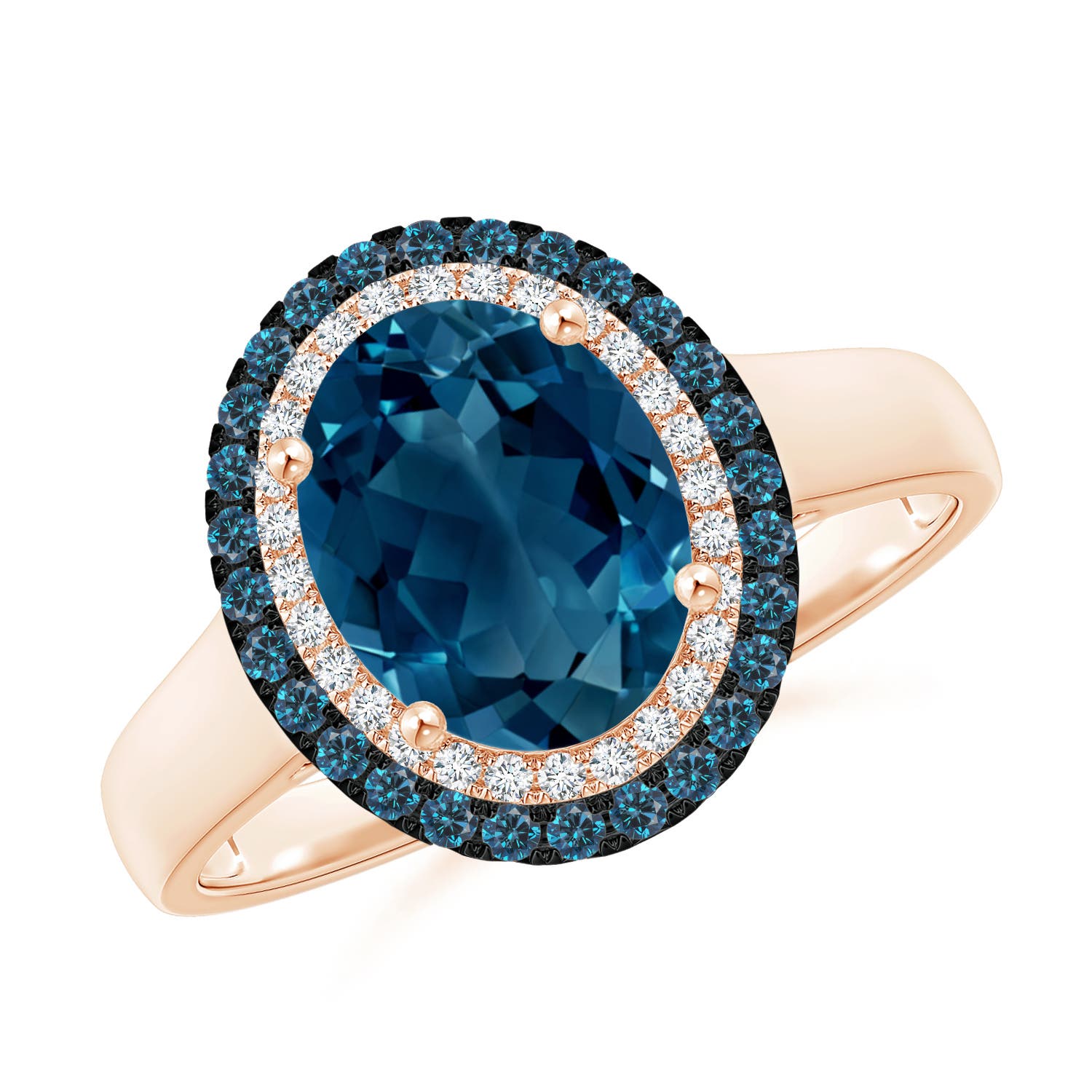 9x7mm AAAA Vintage Style Double Halo Oval London Blue Topaz Ring in Rose Gold