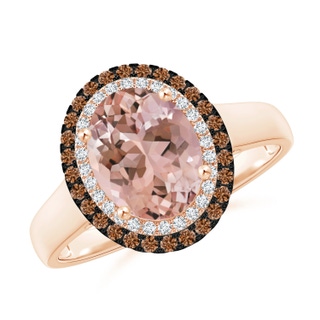 9x7mm AAAA Vintage Style Double Halo Oval Morganite Ring in Rose Gold