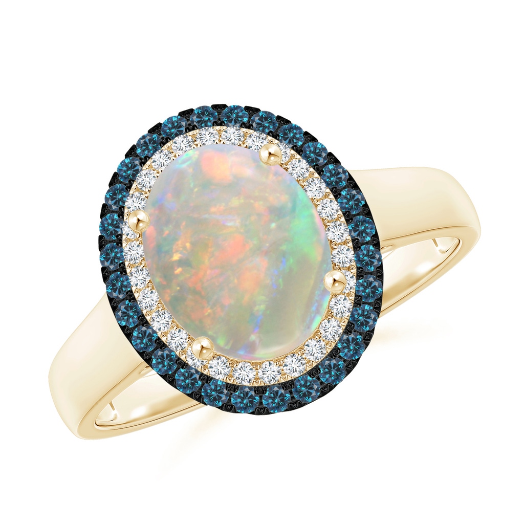 9x7mm AAAA Vintage Style Double Halo Oval Opal Ring in Yellow Gold