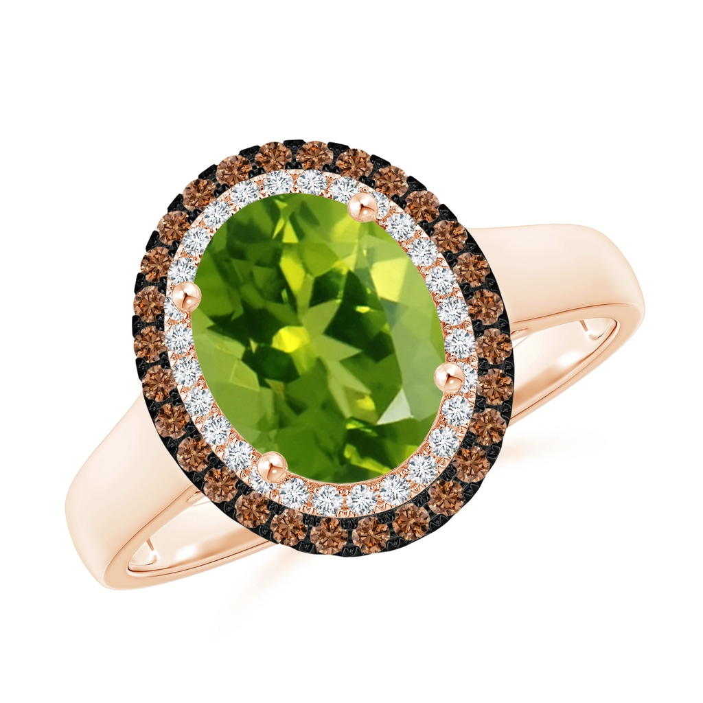 9x7mm AAAA Vintage Style Double Halo Oval Peridot Ring in Rose Gold