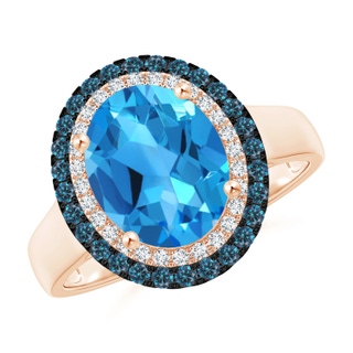 10x8mm AAAA Vintage Style Double Halo Oval Swiss Blue Topaz Ring in Rose Gold