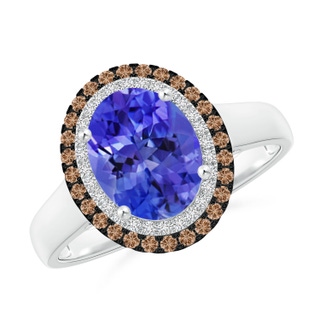 9x7mm AAA Vintage Style Double Halo Oval Tanzanite Ring in White Gold
