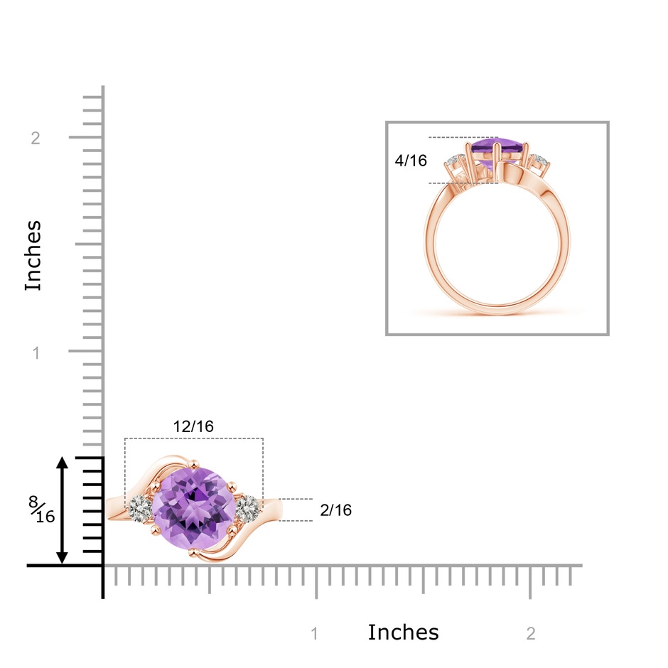 10mm A Round Amethyst and Diamond Three Stone Bypass Ring in Rose Gold Ruler