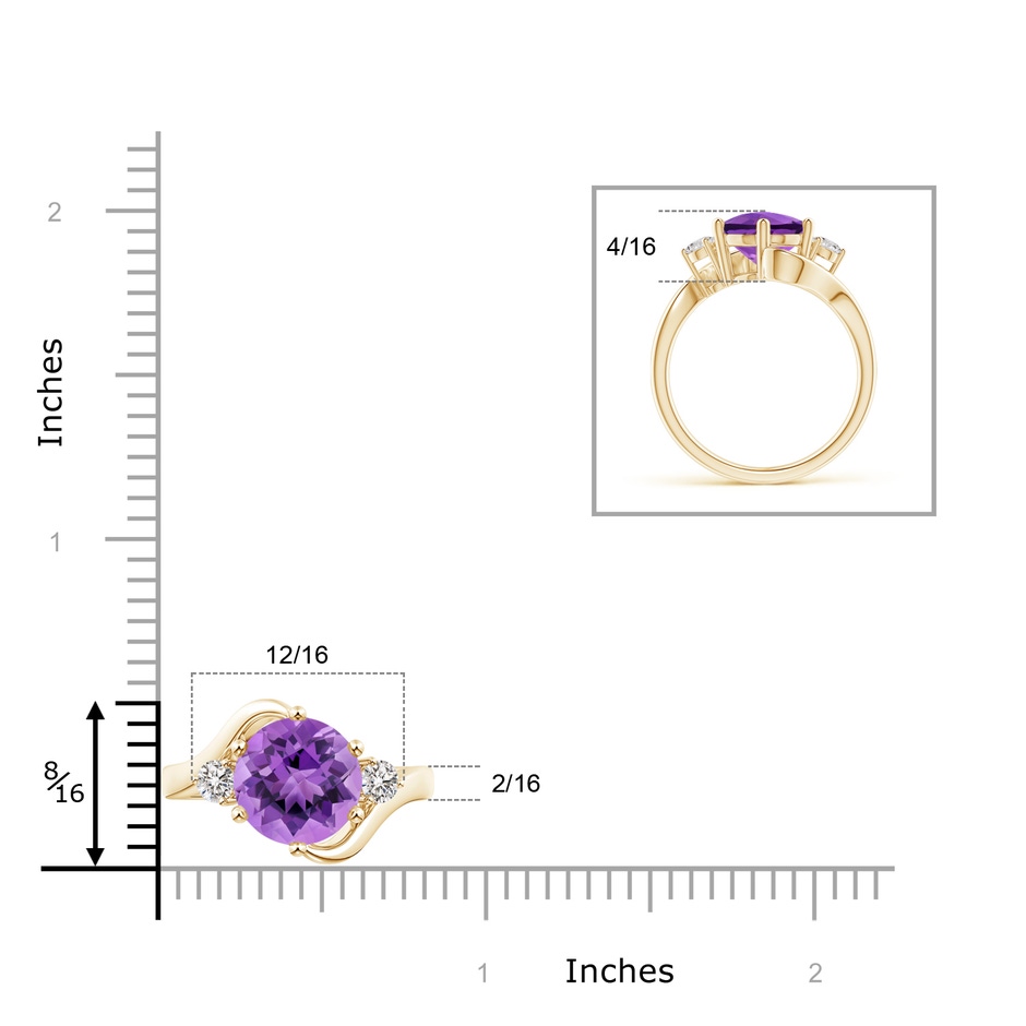 10mm AA Round Amethyst and Diamond Three Stone Bypass Ring in Yellow Gold ruler