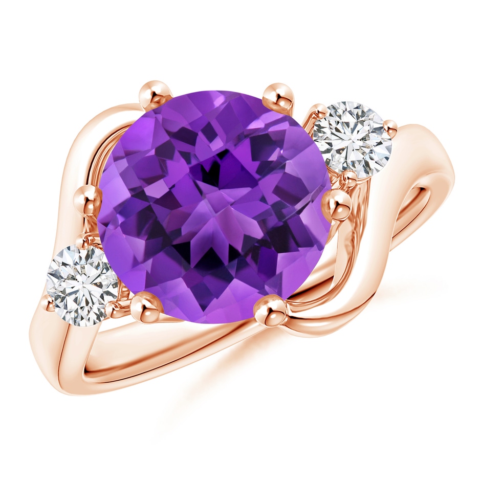 10mm AAA Round Amethyst and Diamond Three Stone Bypass Ring in Rose Gold 