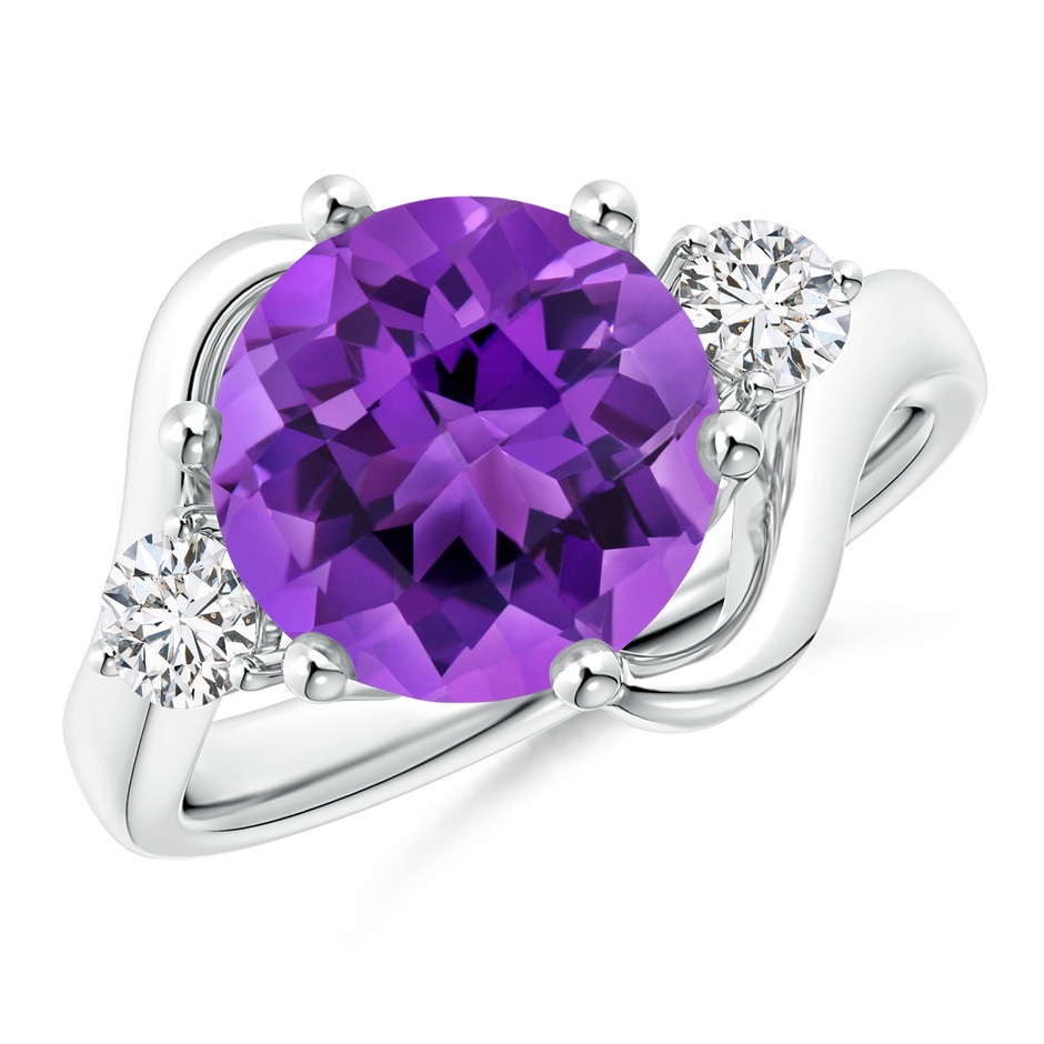 10mm AAA Round Amethyst and Diamond Three Stone Bypass Ring in White Gold 