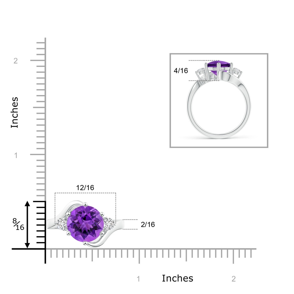 10mm AAA Round Amethyst and Diamond Three Stone Bypass Ring in White Gold ruler