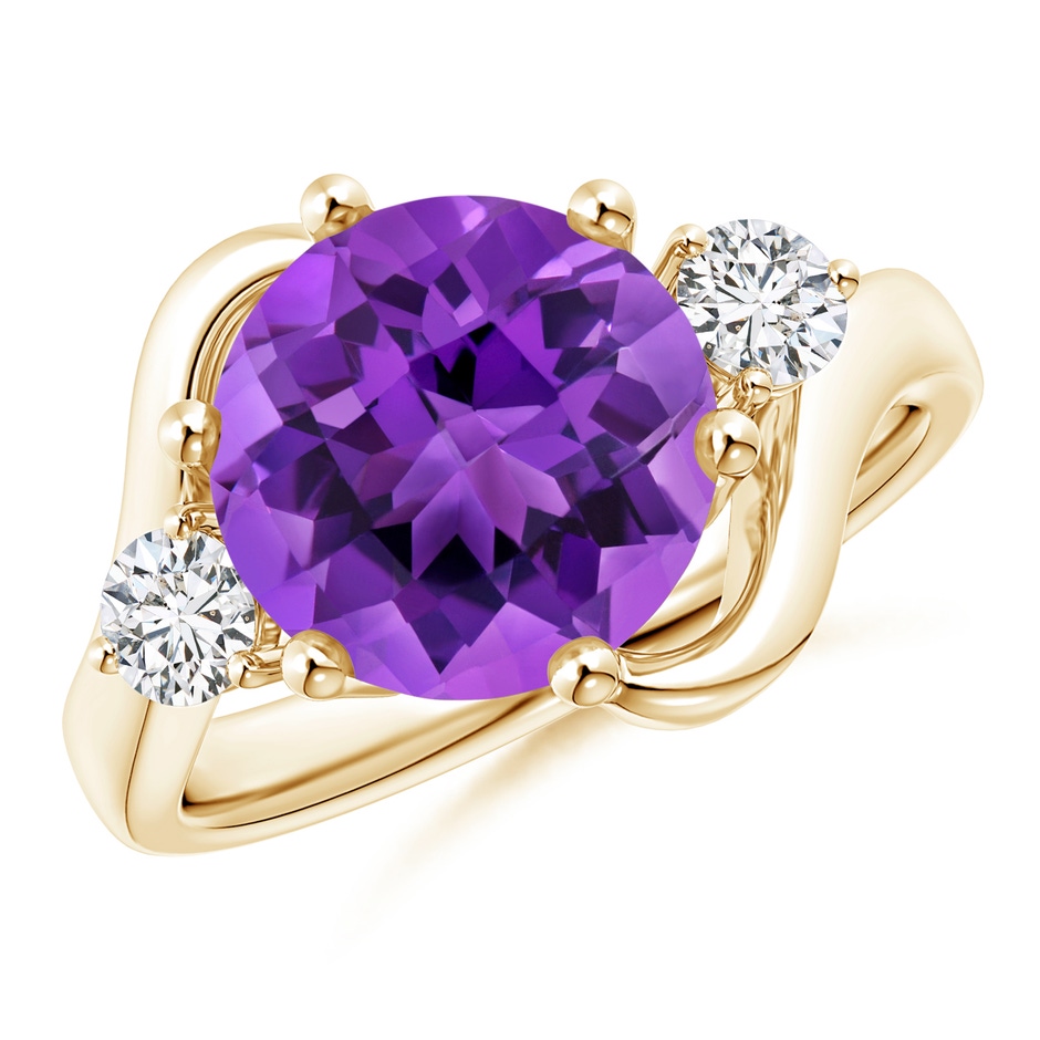 10mm AAA Round Amethyst and Diamond Three Stone Bypass Ring in Yellow Gold 
