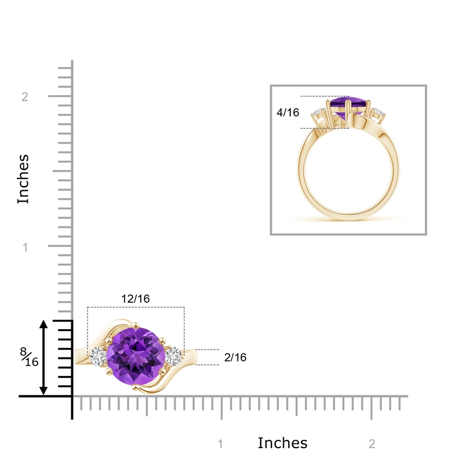 10mm AAA Round Amethyst and Diamond Three Stone Bypass Ring in Yellow Gold Ruler