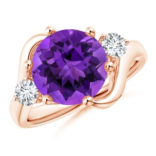 10mm AAAA Round Amethyst and Diamond Three Stone Bypass Ring in Rose Gold