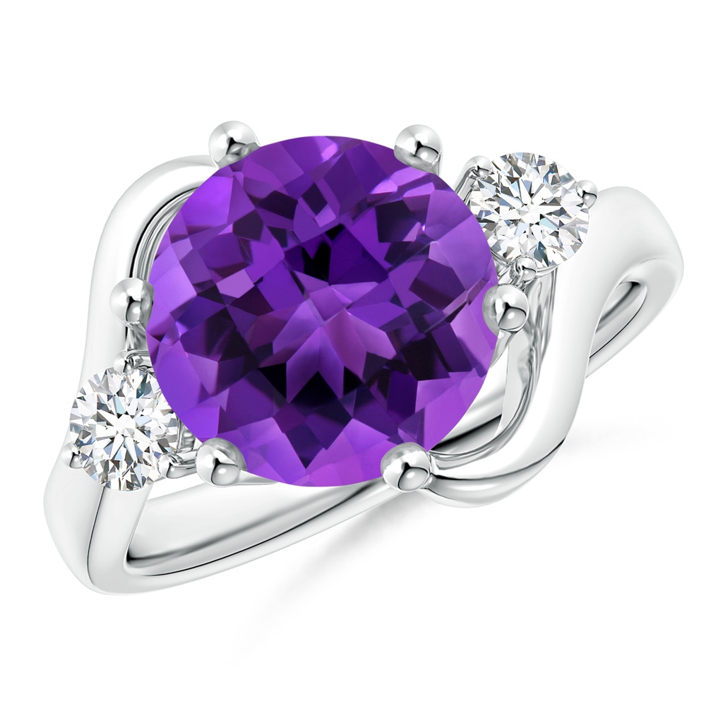10mm AAAA Round Amethyst and Diamond Three Stone Bypass Ring in White Gold