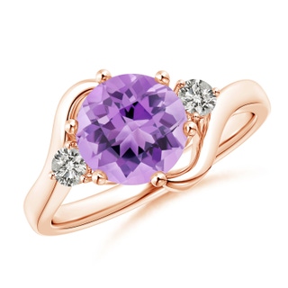 8mm A Round Amethyst and Diamond Three Stone Bypass Ring in Rose Gold