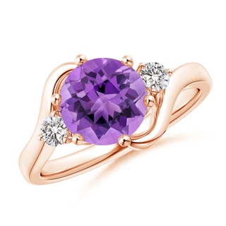 8mm AA Round Amethyst and Diamond Three Stone Bypass Ring in 9K Rose Gold