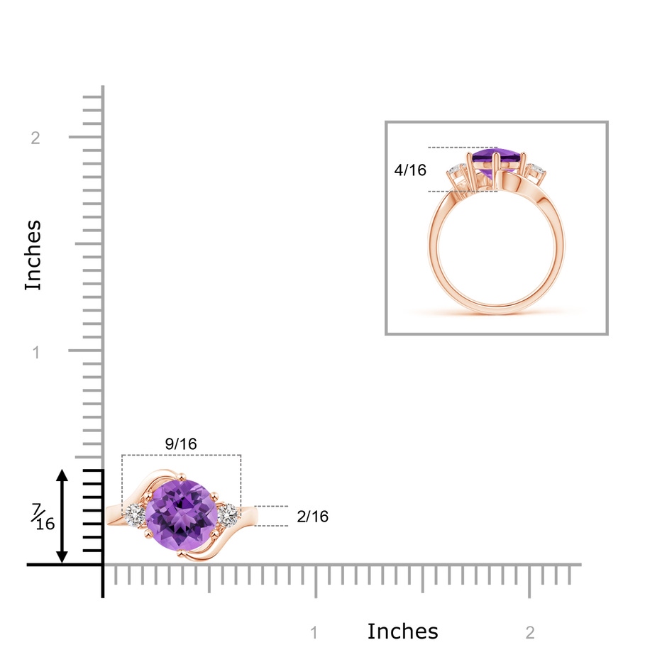 8mm AA Round Amethyst and Diamond Three Stone Bypass Ring in Rose Gold ruler