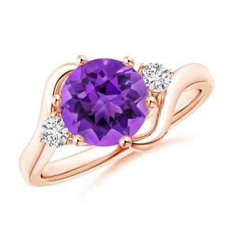 8mm AAA Round Amethyst and Diamond Three Stone Bypass Ring in 9K Rose Gold