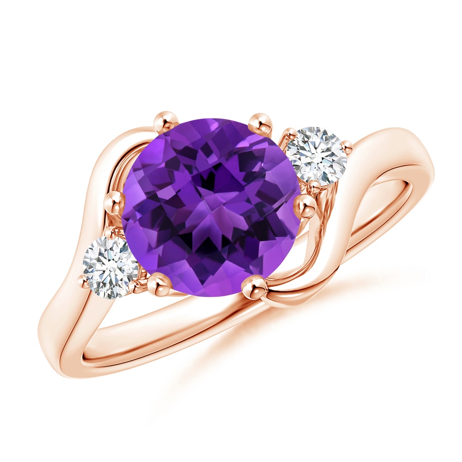 8mm AAAA Round Amethyst and Diamond Three Stone Bypass Ring in Rose Gold 