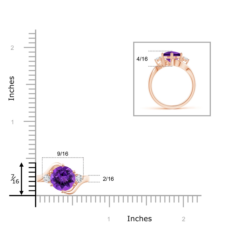 8mm AAAA Round Amethyst and Diamond Three Stone Bypass Ring in Rose Gold Ruler