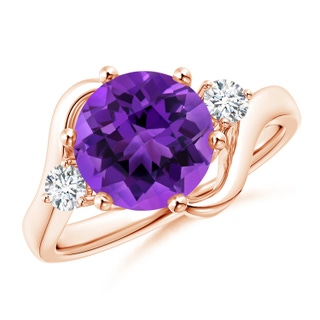 9mm AAAA Round Amethyst and Diamond Three Stone Bypass Ring in Rose Gold