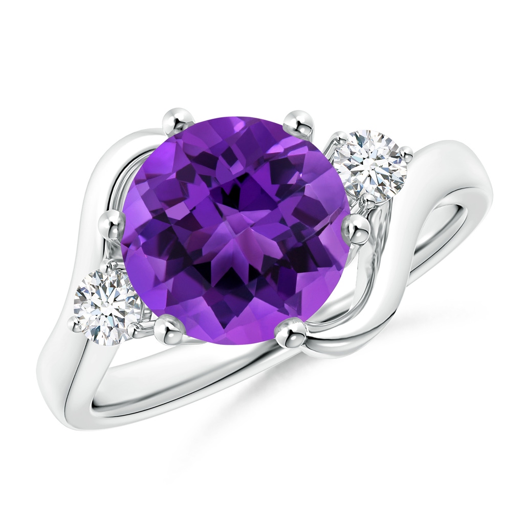 9mm AAAA Round Amethyst and Diamond Three Stone Bypass Ring in White Gold