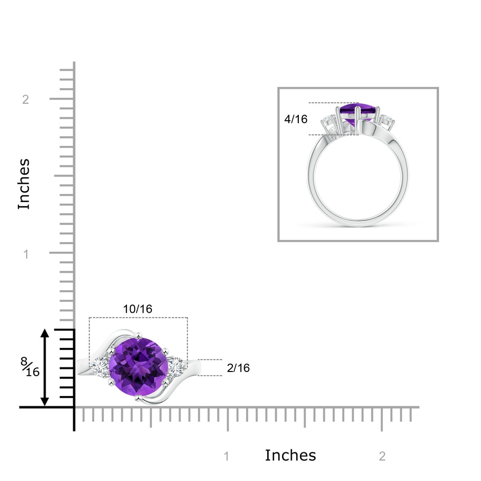 9mm AAAA Round Amethyst and Diamond Three Stone Bypass Ring in White Gold Ruler