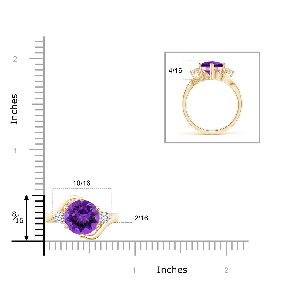 9mm AAAA Round Amethyst and Diamond Three Stone Bypass Ring in Yellow Gold ruler