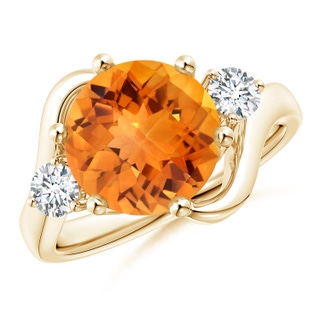 10mm AAAA Round Citrine and Diamond Three Stone Bypass Ring in Yellow Gold