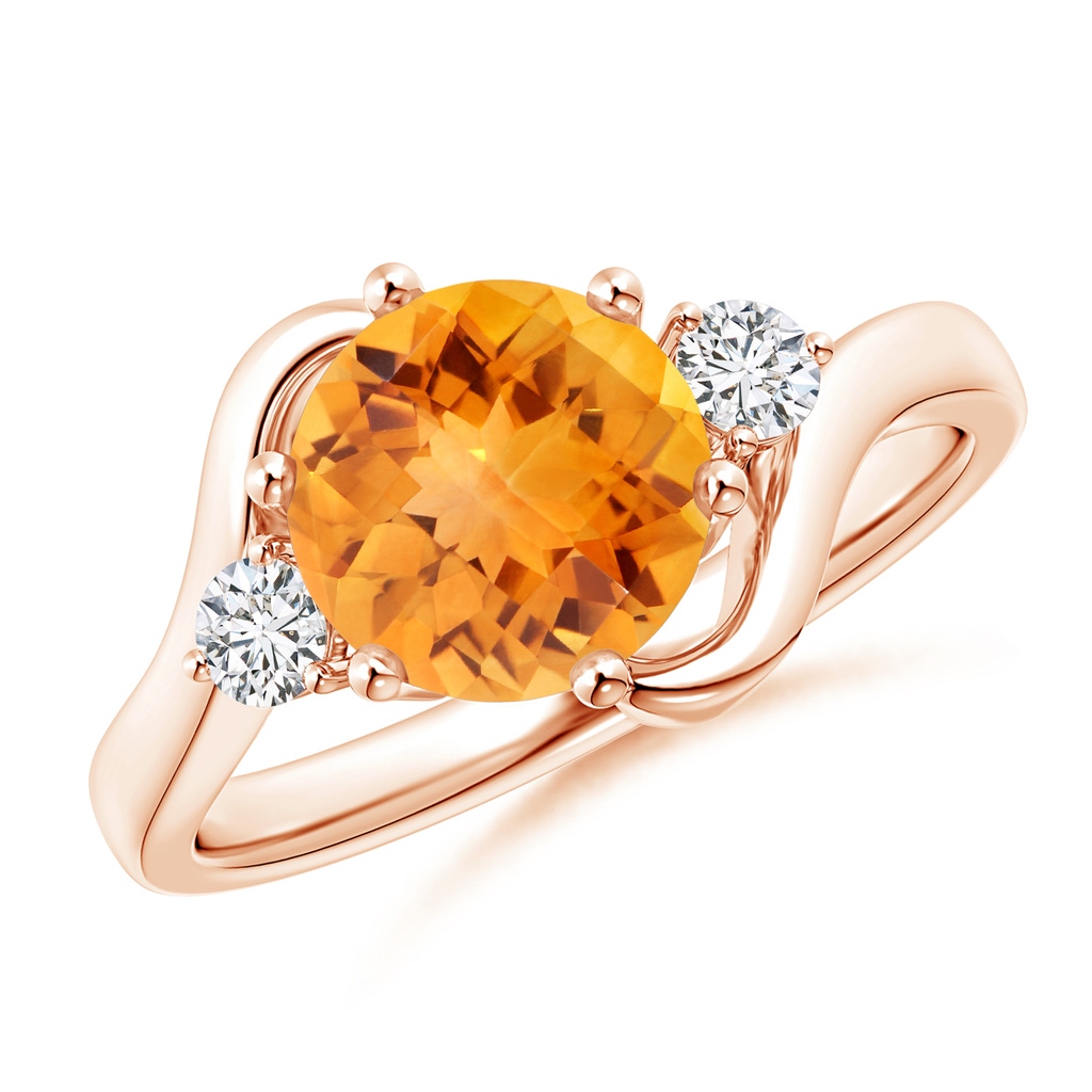 8mm AAA Round Citrine and Diamond Three Stone Bypass Ring in Rose Gold 