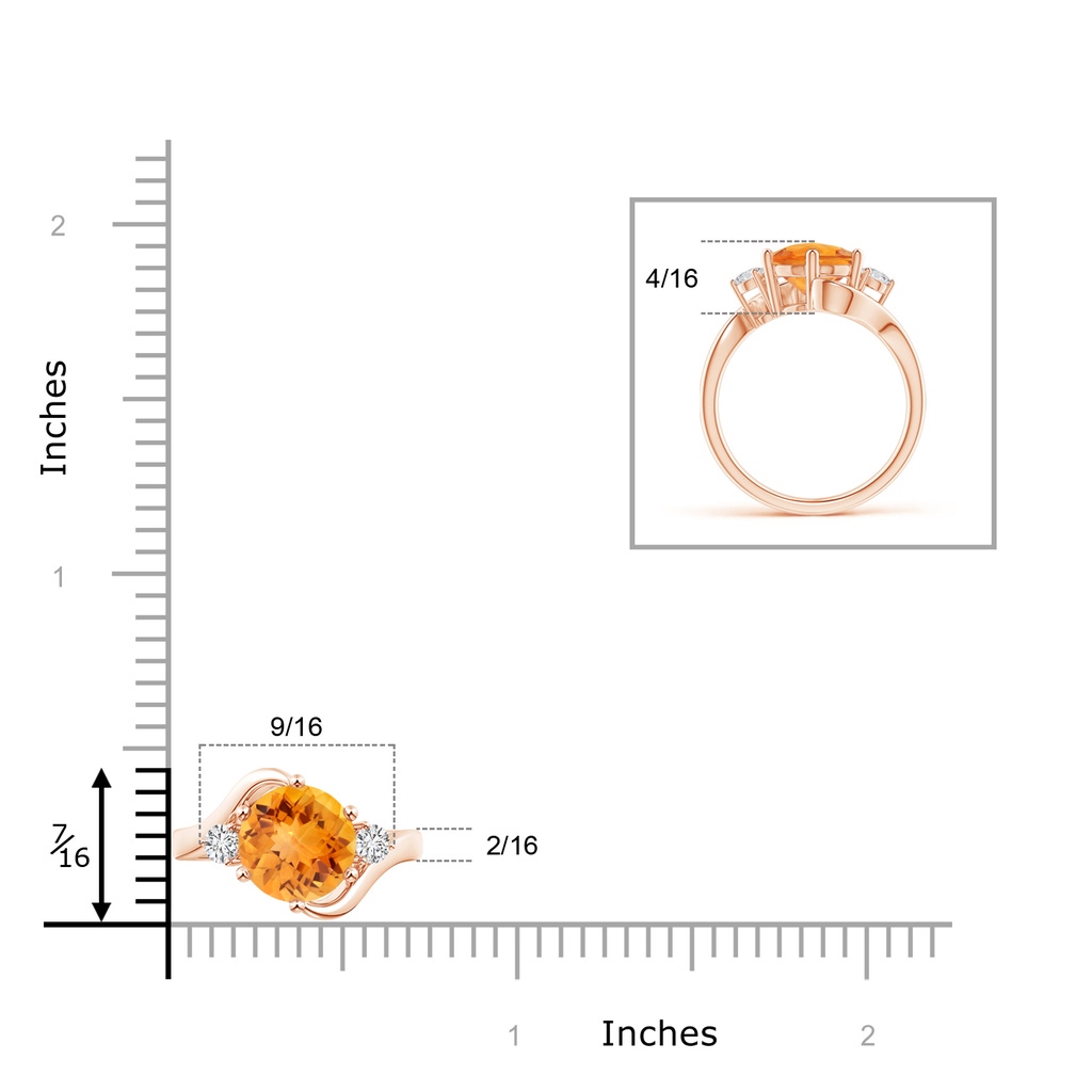8mm AAA Round Citrine and Diamond Three Stone Bypass Ring in Rose Gold Ruler
