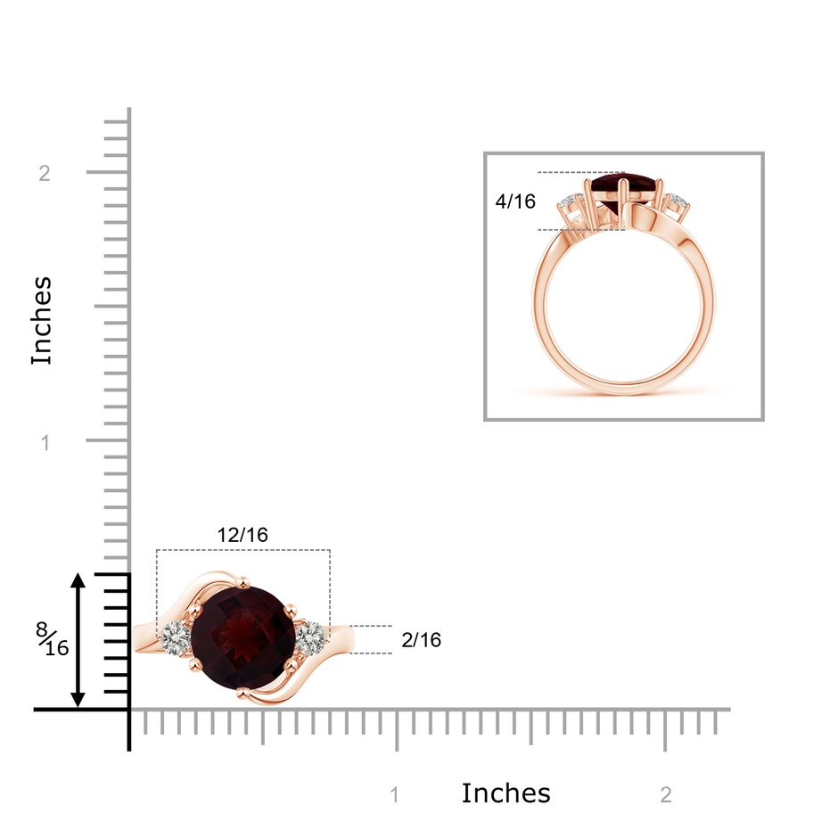 10mm A Round Garnet and Diamond Three Stone Bypass Ring in Rose Gold ruler