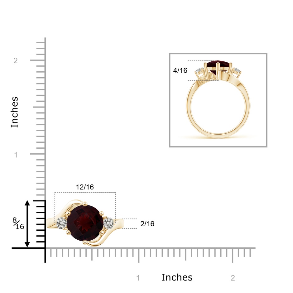 10mm A Round Garnet and Diamond Three Stone Bypass Ring in Yellow Gold Ruler